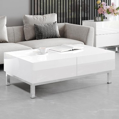 AMERLIFE Wide Modern High Gloss Electroplated Coffee Table with 2 Magnetic Storage Drawers