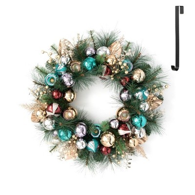 Sullivans Artificial Pine and Ornament 28"H Wreath and 14"H Hanger Set, Green and Black