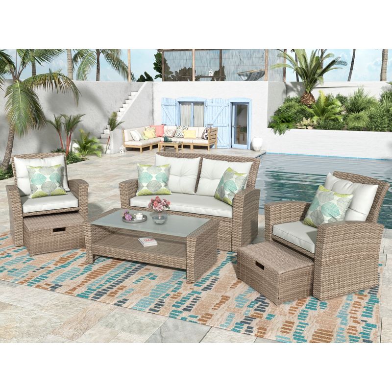 Eden 6 Piece Outdoor Conversation Set All Weather Wicker Sectional Sofa with Ottoman and Cushions Patio Furniture Set-Maison Boucle, 1 of 12