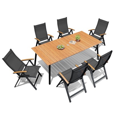 Crestlive Products Outdoor Dining Set Patio Dining Table with folding Dining Chairs Wooden-Like Top and Aluminum Frame Umbrella Hole