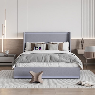 VECELO Upholstered Queen Size Bed Frame with LED Lights and Charging Station, Heavy-Duty Platform Bed with Drawers, No Box Spring Needed, Gray