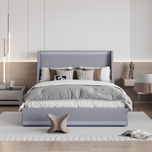 VECELO Upholstered Queen Size Bed Frame with LED Lights and Charging Station, Heavy-Duty Platform Bed with Drawers, No Box Spring Needed, Gray - 1 of 4