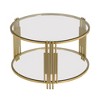 Zeus & Ruta 31.5" Modern Glass Coffee Table with Asymmetrical Metal, Circular Drum Base, Gold Finish & Lower Shelf - 2 of 4