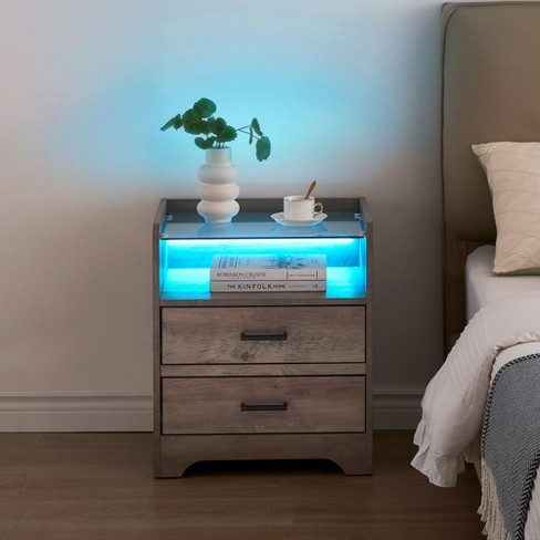 Whizmax Bedside Table With 2 Drawers Led Nightstand Wooden Cabinet Unit With Lights For Bedroom Living Room Gray Target