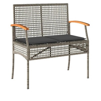 42.5"Patio Bench with Cushion Gray Poly Rattan Acacia Wood