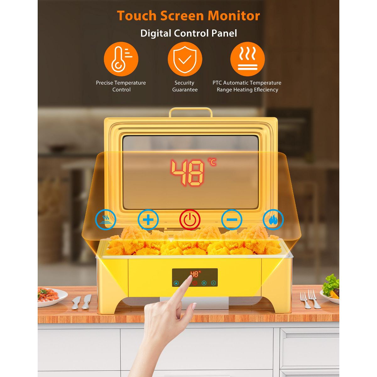 9QT Full-Size Electric Chafing Dish Set. Professional roll-top food warmer with precise touch screen thermostat and glass lid for catering - thumbnail 3