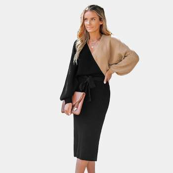 Women's Belted Ribbed Two-Tone Midi Sweater Dress - Cupshe
