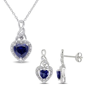 EVERLY JEWELRY | Sterling Silver 3 3/8 CT TGW Created Blue Sapphire and 1/5 CT TDW Diamond Twisted Heart-Cut Earrings and Pendant with Chain Set - 1 of 4