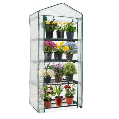 EAGLE PEAK Mini Greenhouse with Wire Shelves, Portable Green House with Roll-Up Zipper Door, 4 Tier, Clear/White PE Cover