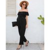 Coolmee Womens Off Shoulder Maternity Jumpsuits Casual Ruffle Sleeves Belted Wide Leg Romper Jumpsuits With Pockets - 4 of 4