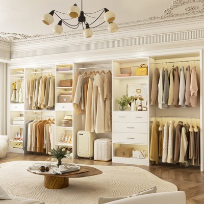 Aheaplus 16FT Heavy-Duty Closet System with 6 Hanging Rods and Mirror, Walk-In Closet Storage Organizer with Drawers