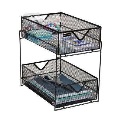 Mind Reader Metal Mesh Organizer [2 TIER] Slide Out Basket Drawer For Kitchen, Bathroom, Office Desk (BLACK)