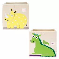 3 Sprouts Kids Children Foldable 13 Inch Square Green Dragon Felt Storage Cube Toy Bin and Yellow Rhino Cube Toy Bin