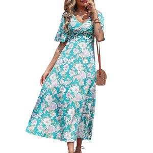 Anna-Kaci Women's Floral Print V-Neck Maxi Dress with Flutter Sleeves and Defined Waist Detail - 1 of 4