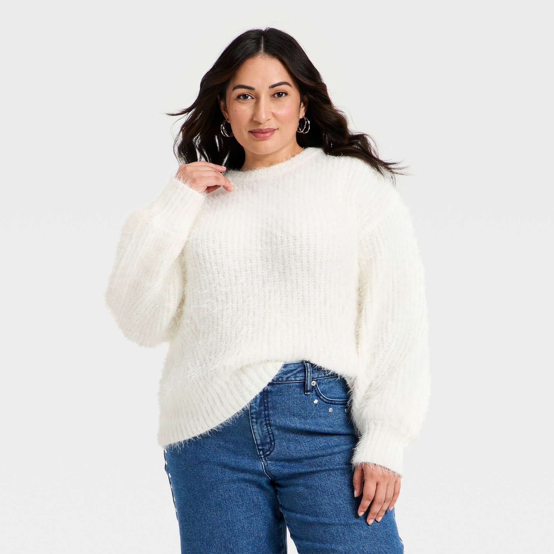 Women's Fuzzy Pullover Sweater - Ava & Viv™ Ivory