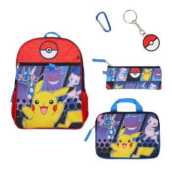 Pokemon 5-Piece Set: 16" Backpack, Padded Utility Case, Small Utility Case, Rubber Keychain, and Carabiner