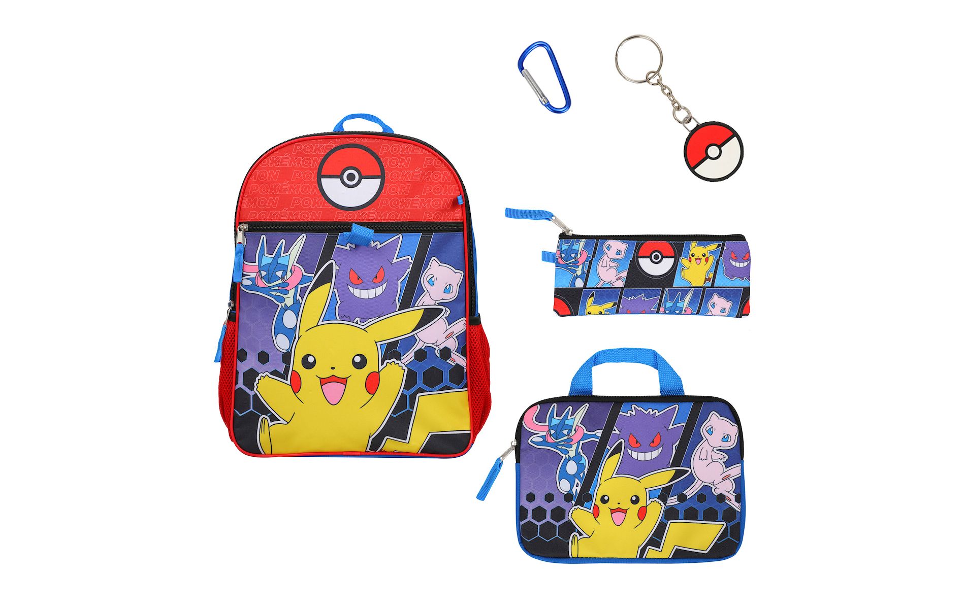Pokemon 5-Piece Set: 16 Backpack, Padded Utility Case, Small Utility Case, Rubber Keychain, and Carabiner