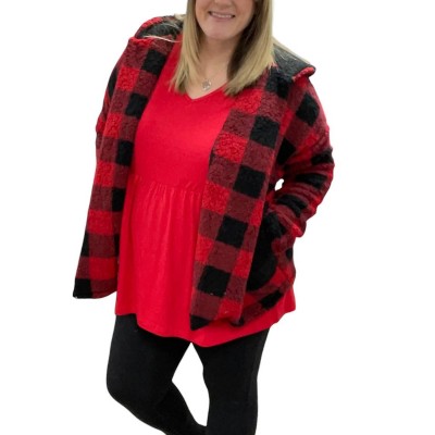 Women's Buffalo Plaid faux-shearling Sweater Jacket - honeyme