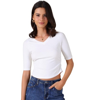 INSPIRE CHIC Women's V Neck Short Sleeve Stretchy Ruched Basic Casual Cropped Tops