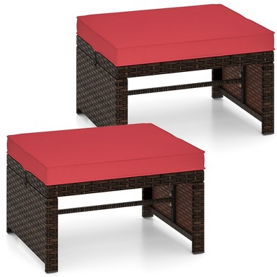 Tangkula Set of 2 Patio PE Rattan Ottomans w/ Soft Zippered Cushions for Deck Outdoor