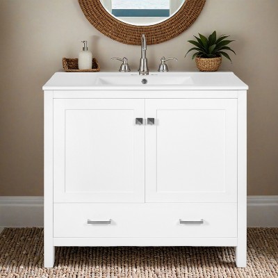 36" Bathroom Vanity with Ceramic Sink, Soft-Close Doors, Double Storage Shelves & Divided Drawer - Leovsnove