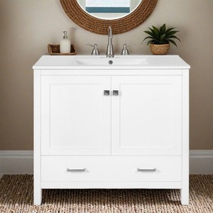 36" Bathroom Vanity with Ceramic Sink, Soft-Close Doors, Double Storage Shelves & Divided Drawer - Leovsnove - 1 of 4