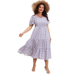 Women's Plus Size Midi Casual Dress with Pockets 1X-4X Tiered Short Sleeve Relax Fit Crewneck Summer Dresses - 1 of 4