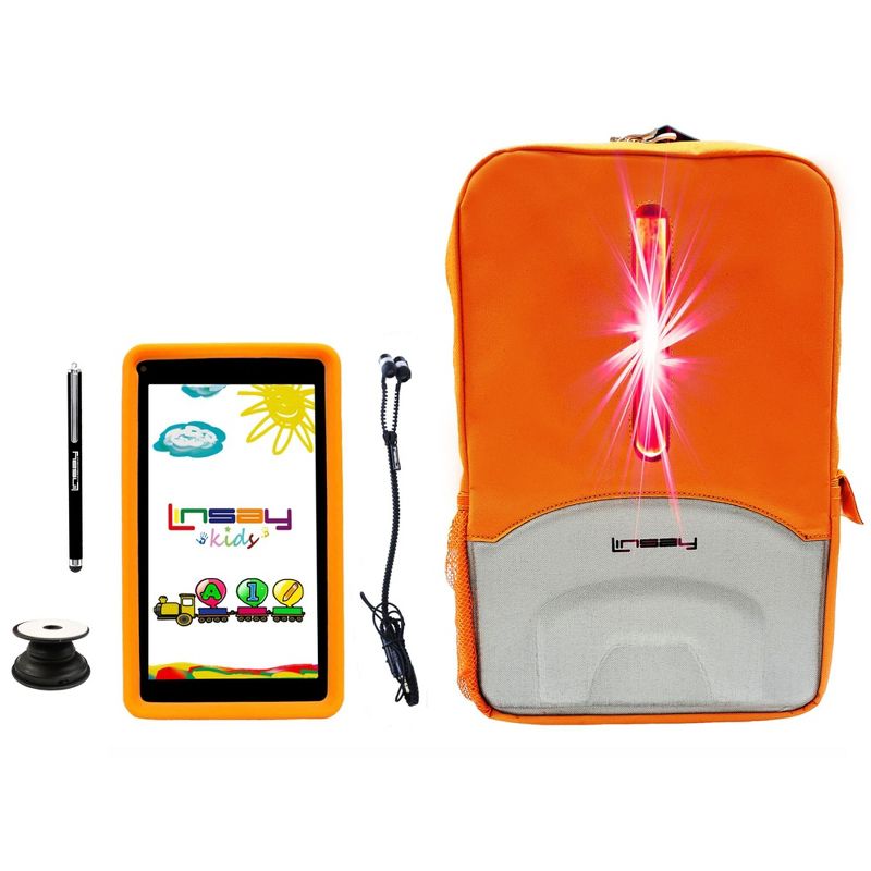 LINSAY 7" 2GB RAM 64GB STORAGE New Android 13 Tablet with Orange Kids Defender Case, Earphones and LED Backpack Orange, 1 of 3