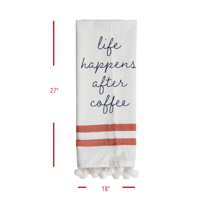 "After Coffee" 27 x 18 Inch Screen Printed Kitchen Tea Towel with Hand Sewn Pom Poms - Foreside Home & Garden, 4 of 6