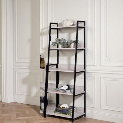 INFURNIC Decorative Bookshelf 16"W Leaning Ladder Shelf with Metal Frame and Wooden Open Compartments, Black, 16"*16"*67"