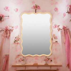 Alilang 39.76 Inch Rectangular Wavy Edge Wall Mirror with Natural Wood Frame - Natural Wood - 1 of 4