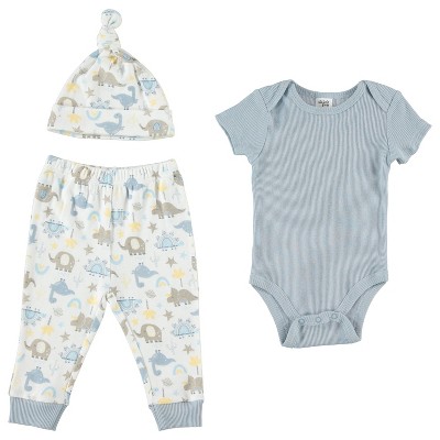 Image of Chick Pea Gender Neutral Baby Clothes Layette Set Footless Sleep and Play 3 Pack Elephant Rainbow Dinos 0-3M