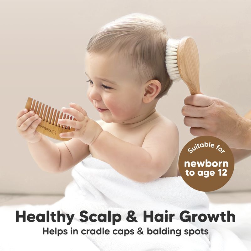 Baby Hair Brush and Comb Set,  Wooden Baby Brush Set for Newborns, Infant, Toddler Grooming Kit (Round, Walnut), 4 of 11