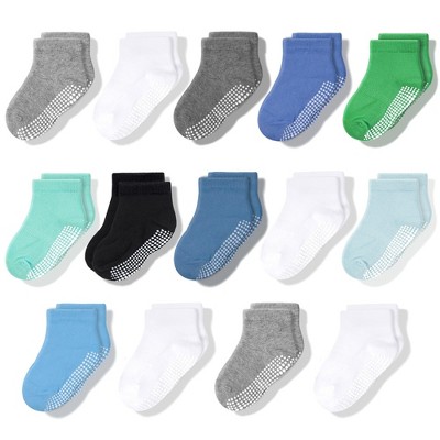 Cozyway Non-Slip Ankle Grip Low Cut Toddler Socks, 14 Pack for Boys, Black/White/Gray/Blue/Light Blue/Aqua/Green, 3-5 Years Old