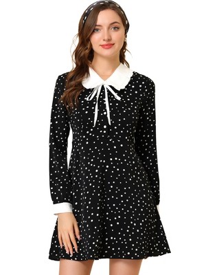 INSPIRE CHIC Women's Sweet Contrast Collar Polka Dots Tie Neck Long Sleeve A-line Dress