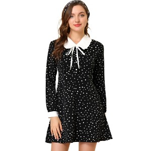 INSPIRE CHIC Women's Sweet Contrast Collar Polka Dots Tie Neck Long Sleeve A-line Dress - 1 of 4