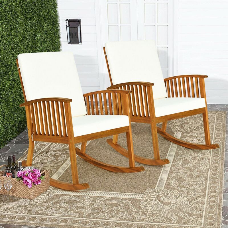 Costway 3PCS Patio Rocking Chair Set Round Table Solid Wood Cushioned Sofa Garden Deck, 3 of 10