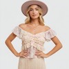 Knit & Lounge Women’s Off Shoulder Ruffle Floral Top Layered Lace Trim Soft Woven Fabric Button Front Detail Feminine Flowy - 2 of 4