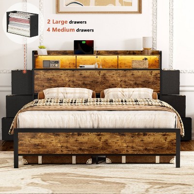 WOWLIVE Full/Queen Bed Frame With Bookcase Headboard & 6 Storage Bedside Drawers, Storage Bed With Outlet & LED Light