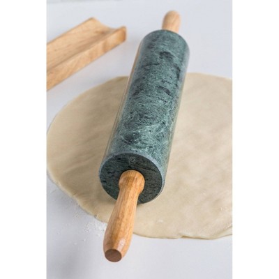 Green Marble Rolling Pin with Wooden Handles and Base