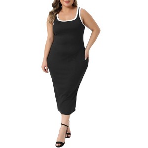 Women's Plus Size Contrast Square Neck Sleeveless Side Slit Bodycon Knit Summer Long Tank Dresses - Agnes Orinda - 1 of 4