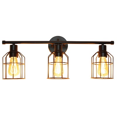 Black Industrial 3-Light Vanity Fixture with Wire Cage Shades