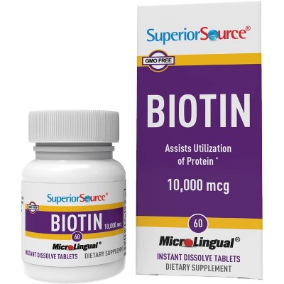 Superior Source Biotin 10,000 mcg MicroLingual Tablets, Quick Dissolve for Hair, Skin & Nails Support, 60 Count