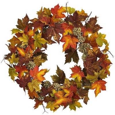 Nearly Natural 24” Maple Pine Cone Wreath