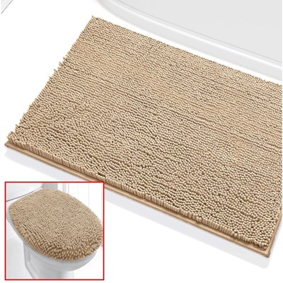 2 Piece Set Beige Soft Cozy Plush Chenille Bath Mat Bathroom Rug & Toilet Seat Cover