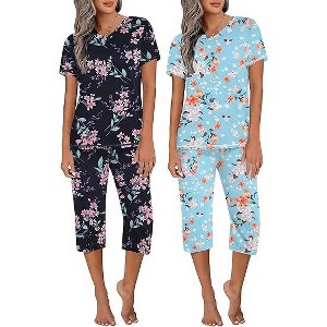 Ekouaer 2 Pack Women's Pajamas Short Sleeve Sleepwear Tops and Capri Pants Pjs - 1 of 4