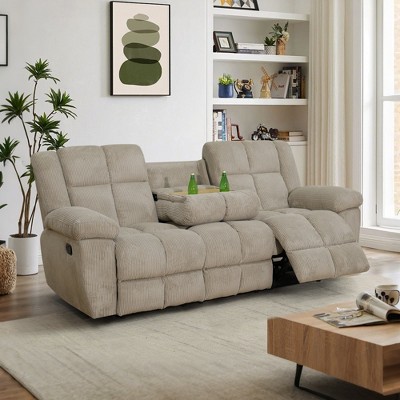 MAYEERTY Reclining Sofa, 3-Seat Corduroy Fabric Recliner with Adjustable Backrests for Living Room, Beige
