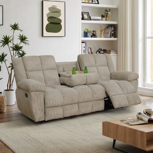 MAYEERTY Reclining Sofa, 3-Seat Corduroy Fabric Recliner with Adjustable Backrests for Living Room, Beige - 1 of 4