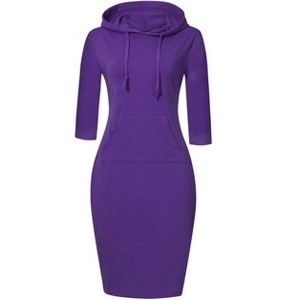 Women's Casual Long Sweatshirts 3/4 Sleeve Hooded Bodycon Dress with Kangaroo Pocket - 1 of 3