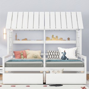 Bellemave Twin Size House Platform Beds with Two Drawers for Boy and Girl Shared Beds, Combination of 2 Side by Side Twin Size Beds,White - 1 of 4